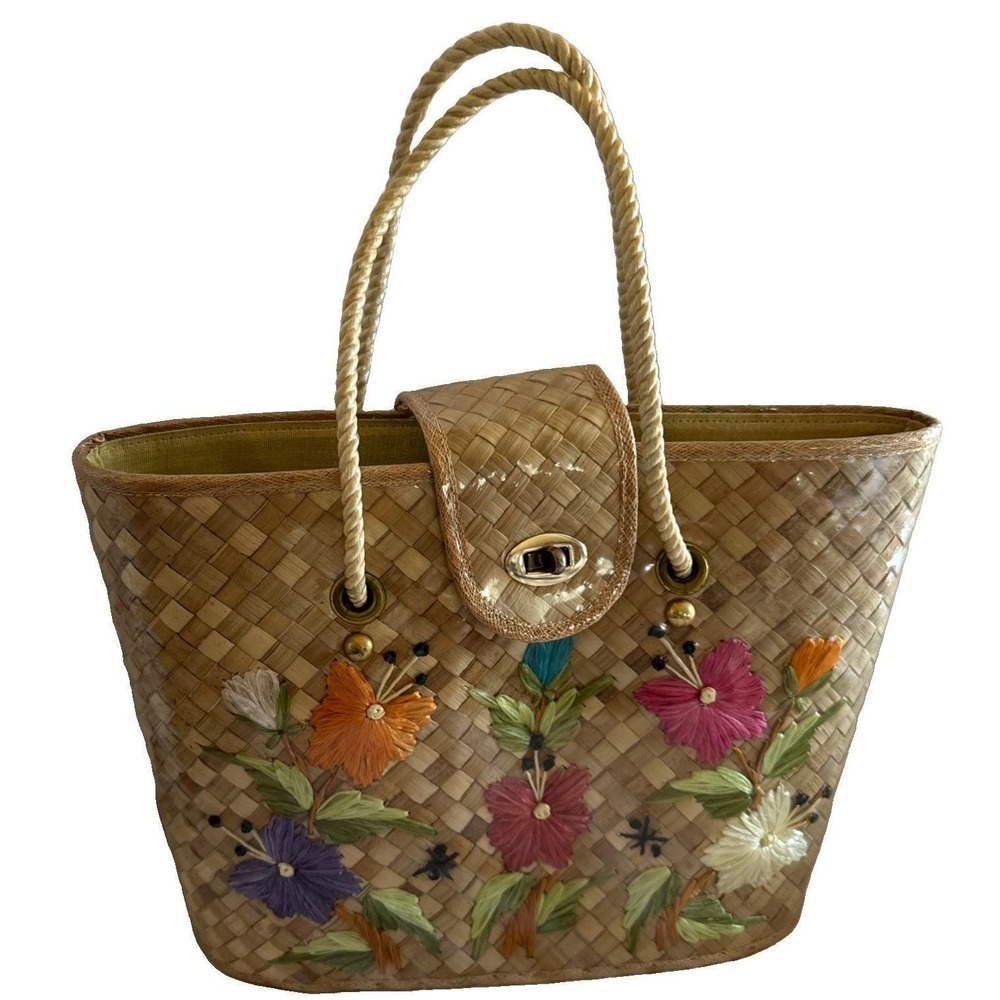 Vintage Straw Raffia Flowered Hand Bag Woven Purse Boho Tote Bahamas Beach Nice!